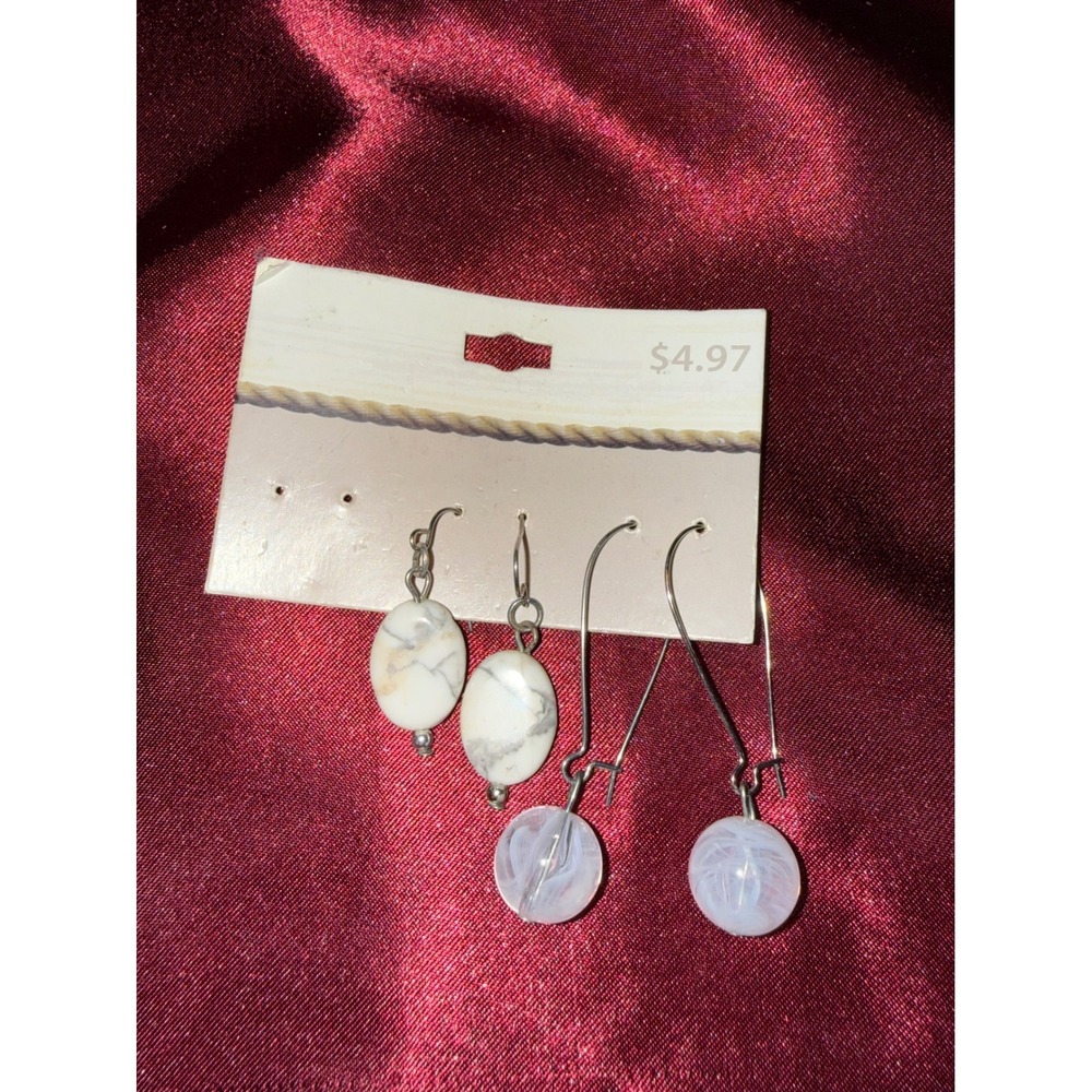 2 Pair Earring Set Fauxâ White Marble Oval & Translucent Round Bead Silver Tone